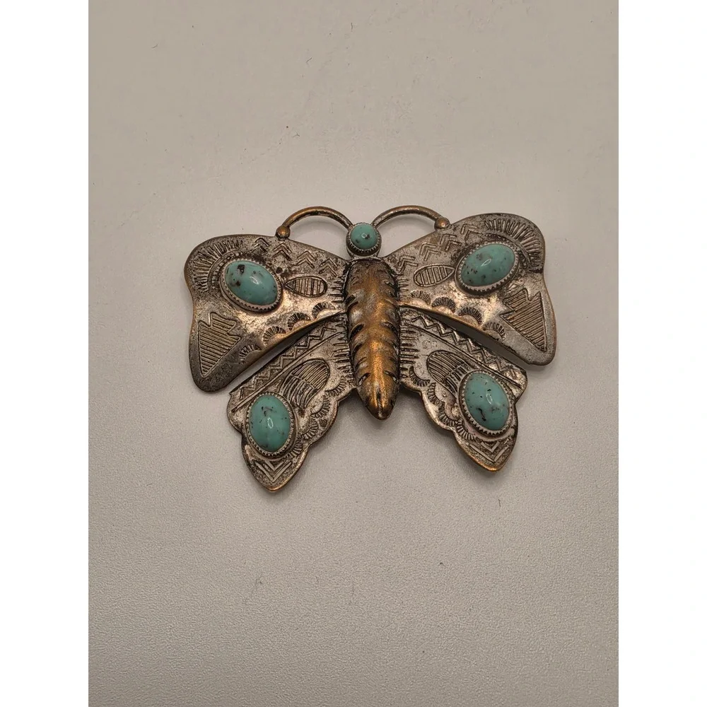 Vintage Southwestern Butterfly Brooch Faux Turquoise Stamped Silver Copper Tone